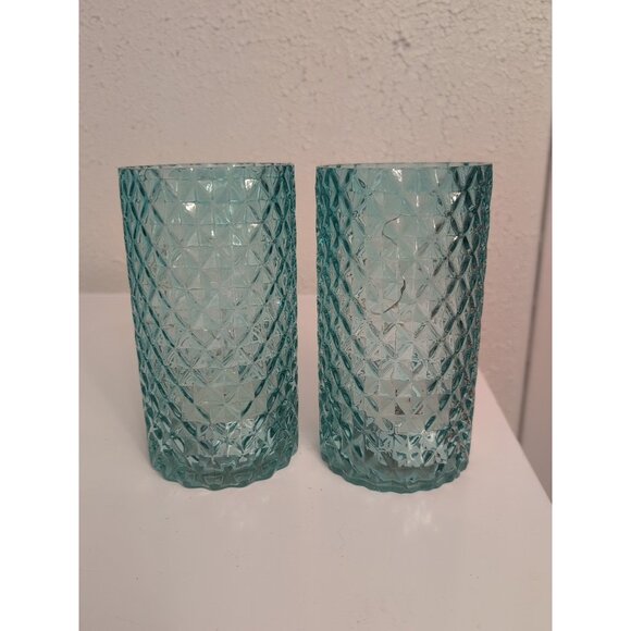 Set of 2 6.5" Illuminated Diamond Glass Hurricanes by Valerie - Icy Blue Lighted - Picture 1 of 5